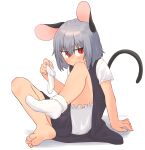  1girl animal_ears barefoot bloomers blush closed_mouth commentary_request dress eyes_visible_through_hair feet full_body greenpiecerice grey_dress grey_hair hair_between_eyes highres holding_sock looking_at_viewer medium_bangs mouse_ears mouse_girl mouse_tail nazrin pinafore_dress red_eyes shirt short_hair simple_background single_sock_removed sitting sleeveless sleeveless_dress socks solo tail toes touhou v-shaped_eyebrows white_background white_bloomers white_shirt 