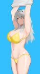  1girl absurdres armpits arms_up bikini blue_background breasts cleavage commentary cowboy_shot grey_hair hair_intakes highres honkai:_star_rail honkai_(series) large_breasts long_hair looking_at_viewer navel solo standing stelle_(honkai:_star_rail) stomach swimsuit thighs tofudofu trailblazer_(honkai:_star_rail) yellow_bikini yellow_eyes 