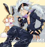  1boy 1girl black_footwear blonde_hair boots demon_boy demon_girl disgaea earmuffs fingerless_gloves fingernails fur-trimmed_jacket fur-trimmed_sleeves fur_trim gloves grin issa_(sorako45) jacket looking_at_viewer makai_senki_disgaea_5 pointy_ears rabbit_earmuffs scarf short_hair smile teeth usalia_(disgaea) werewolf white_hair white_scarf yellow_jacket zeroken_(disgaea) 