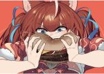  1girl ahoge akami_karubi animal_ears blue_eyes blue_ribbon bow bowtie burger cat_ears cat_girl close-up eating food furrowed_brow hair_ribbon holding holding_burger holding_food puffy_short_sleeves puffy_sleeves red_background red_bow red_bowtie red_hair ribbon short_sleeves simple_background solo squeezing tunao twintails v-shaped_eyebrows virtual_youtuber vspo! 