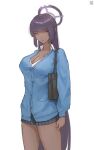  1girl arm_at_side artist_name bag black_hair black_halo black_skirt blue_archive blue_cardigan breasts buttons cardigan cleavage collared_shirt cowboy_shot dark-skinned_female dark_skin halo highres karin_(blue_archive) large_breasts long_hair long_sleeves looking_at_viewer miniskirt numb3r_3 parted_lips partially_unbuttoned pleated_skirt pocket school_bag school_uniform shirt shoulder_bag simple_background skirt solo standing very_long_hair white_background white_shirt yellow_eyes 
