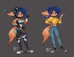 alternate_costume armor blue_eyes blue_hair brown_body brown_fur clothing ear_piercing female feral footwear full-length_portrait fur hair hi_res piercing portrait shoes smile solo tail unknown_artist