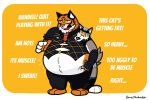  anthro belly belly_grab big_belly bonesthebadger canid canine canis dialogue duo english_text epic_games felid fortnite hi_res huge_belly male male/male mammal oscar_(fortnite) overweight overweight_anthro overweight_male pantherine text tiger wendell_(fortnite) wolf 