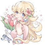  blonde_hair blue_eyes blush bouquet closed_mouth dress earrings flower gloves hair_flower hair_ornament highres holding holding_bouquet jewelry konata_w1225 long_hair looking_at_viewer mario_(series) no_headwear pink_dress pink_flower princess_peach simple_background sleeveless sphere_earrings upper_body white_background white_flower white_gloves 