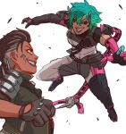  2girls alter_(apex_legends) animification apex_legends black_gloves black_jacket black_lips black_sclera brown_eyes brown_hair colored_sclera gloves green_eyes green_hair hair_slicked_back highres jacket mad_maggie_(apex_legends) mechanical_tentacles multiple_girls mutturi_mamer18 parted_lips short_hair sketch smile spiked_gloves undercut v-shaped_eyebrows white_background 