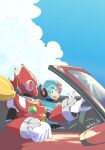  10_arabii android armor artist_name blue_armor blue_helmet blue_sky car cloud driving forehead_jewel green_eyes helmet highres looking_at_another male_focus mega_man_(series) mega_man_x_(series) motor_vehicle red_armor red_car red_helmet sky x_(mega_man) zero_(mega_man) 