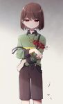  1other black_shirt blush brown_background brown_hair brown_shorts buttons chara_(undertale) collared_shirt flower gradient_background green_sweater grey_background hair_behind_ear half-closed_eyes heart heart_necklace highres holding holding_flower jewelry leftporygon lips long_sleeves looking_at_flowers necklace red_eyes red_flower shirt short_hair shorts smile solo standing straight-on striped_clothes striped_sweater suspender_shorts suspenders suspenders_slip sweater undertale yellow_sweater 