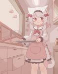  :t absurdres animal_ears apron bow cat_ears cat_girl cat_tail colon_br cowboy_shot hair_bow highres indoors multicolored_hair original pink_apron pink_hair red_bow red_eyes tail toaster_oven white_hair 