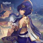  1girl absurdres bare_shoulders blue_eyes blue_hair breasts candace_(genshin_impact) dark-skinned_female dark_skin egyptian_clothes eye_of_horus genshin_impact hair_ornament heterochromia highres jewelry long_hair looking_at_viewer looking_back official_art short_hair_with_long_locks sidelocks sitting smile solo yellow_eyes 