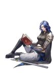  1girl absurdres armor belt blue_hair book breasts closed_eyes commission dungeons_&amp;_dragons gloves highres large_breasts long_hair midriff open_book original seneka_grafika shoulder_armor sitting solo toned white_background 