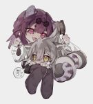  2girls :d animal_ears black_shorts brushing_another&#039;s_hair brushing_hair cat_ears cat_girl cat_tail chibi closed_mouth commentary_request eyewear_on_head fang grey_background grey_hair hair_brush highres holding holding_hair_brush honkai:_star_rail honkai_(series) kafka_(honkai:_star_rail) kemonomimi_mode lap_pillow long_hair long_sleeves mouse_(animal) multiple_girls papa_kektus pince-nez pink_eyes purple_hair raccoon_ears raccoon_girl raccoon_tail shirt shorts simple_background skin_fang smile speech_bubble stelle_(honkai:_star_rail) tail trailblazer_(honkai:_star_rail) white_shirt yellow_eyes 