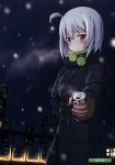 absurdres artist_name black_coat blush brown_gloves can eyebrows_visible_through_hair gloves hair_between_eyes hand_on_hip highres holding holding_can long_hair looking_at_viewer night one_side_up original outdoors red_eyes scan silver_hair sky snowing solo star_(sky) starry_sky ugume 