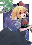  1girl ascot bamboo black_skirt black_vest blonde_hair fang fangs highres holding holding_plant looking_at_viewer medium_hair open_mouth plant red_ascot red_eyes rumia shirt skirt solo touhou vest white_shirt yoruuta 