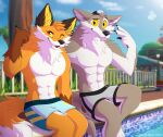 abs anthro canid canine canis clothing duo epic_games fennix_(fortnite) fortnite fox hi_res leo-wolf looking_at_viewer male male/male mammal muscular muscular_anthro muscular_male pecs swimwear water wendell_(fortnite) wolf yellow_eyes