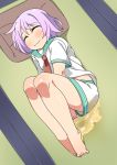  1girl barefoot bedwetting between_legs blush eyebrows_visible_through_hair eyes_closed feet female from_above full_body hand_between_legs kantai_collection lying minamimachi_naname necktie on_side peeing_self pillow puddle purple_hair red_neckwear shiny_skin shirt shirts short_hair short_sleeves sleeping smile solo tama_(kantai_collection) wet_clothes white_shirt white_shorts 