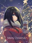  1girl :o bangs black_hair christmas christmas_lights christmas_ornaments christmas_tree coat coffee_cup cup disposable_cup fur_collar green_eyes highres holding holding_cup jacket kittika_thaworn light_particles long_hair looking_at_viewer merry_christmas night night_sky open_mouth original outdoors red_coat red_jacket sky swept_bangs 