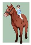  1girl black_eyes black_hair brown_hair child closed_mouth flat_chest full_body horse j7w long_sleeves original outside_border pants shirt shoes short_hair size_difference smile v-shaped_eyebrows 