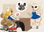  aggretsuko ailurid anthro big_breasts big_butt black_eyes bodily_fluids bottomwear breasts brown_body butt canid canine clothing desk dress english_text erection exclamation_point facesitting female fennec_fox fenneko footwear fox furniture genitals group haida_(aggretsuko) heart_symbol hi_res high_heels huge_butt hyena male male/female mammal markings open_mouth pants penis purple_yoshi_draws question_mark red_panda retsuko sanrio shirt sitting_on_another stool striped_markings striped_tail stripes sweat sweaty_butt table tail tail_markings tan_body text thick_thighs topwear trio true_fox white_body 