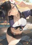  1girl arms_up belt belt_buckle black_hair black_shorts blurry blurry_background breasts buckle chromatic_aberration cleavage crop_top denim denim_shorts fadingz final_fantasy final_fantasy_vii final_fantasy_vii_rebirth final_fantasy_vii_remake flower front-tie_top hair_flower hair_ornament head_tilt highres large_breasts lens_flare midriff official_alternate_costume official_alternate_hairstyle panty_straps red_eyes revision short_shorts shorts smile solo sunlight thong tifa_lockhart tifa_lockhart_(majestic_glamour) 