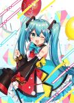  1girl 39 ;d absurdres aqua_bow aqua_hair balloon bare_shoulders black_sleeves blue_eyes blush bow commentary confetti cube detached_sleeves dress hair_bow hatsune_miku highres holding holding_balloon holding_microphone_stand hoop_skirt long_hair magical_mirai_(vocaloid) magical_mirai_miku magical_mirai_miku_(2018) megaphone meruko-san microphone_stand multicolored_clothes multicolored_dress number_tattoo one_eye_closed open_mouth sailor_collar shoulder_tattoo smile tattoo teeth twintails upper_teeth_only very_long_hair vocaloid yellow_bow 