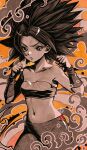 1girl bandeau bare_shoulders black_hair breasts caulifla cleavage collarbone dragon_ball dragon_ball_super green_eyes highres kanchiyo limited_palette long_hair medium_breasts midriff navel orange_background pants solo spiked_hair stomach 