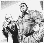 2boys atomic_heart bald bara beard belt char-les_(atomic_heart) cigarette closed_eyes closed_mouth facial_hair fukurau glasses highres jacket jumpsuit large_pectorals looking_at_viewer male_focus multiple_boys muscular muscular_male open_clothes open_jacket p-3_(atomic_heart) pectorals short_hair sweater 