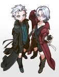  2boys aged_down black_gloves blue_coat blue_eyes brothers child coat dante_(devil_may_cry) devil_may_cry_(series) devil_may_cry_5 fingerless_gloves full_body gloves hair_slicked_back highres holding looking_at_viewer male_focus multiple_boys oversized_clothes red_coat siblings sword twins vergil_(devil_may_cry) weapon white_hair wuliu_heihuo yamato_(sword) 