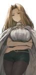  1girl black_pantyhose black_shorts blonde_hair breasts cape cherre commentary crossed_arms english_commentary highres long_hair looking_at_viewer methode_(sousou_no_frieren) pantyhose shorts simple_background solo sousou_no_frieren standing white_background white_cape 