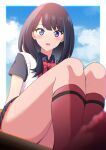  1girl black_hair black_shirt black_skirt blue_eyes blue_sky blurry blurry_foreground blush border bow bowtie chromatic_aberration collared_shirt erenshu from_below gridman_universe highres kneehighs long_hair looking_at_viewer miniskirt open_mouth orange_scrunchie pleated_skirt red_bow red_bowtie red_socks school_uniform scrunchie shirt short_sleeves sitting skirt sky socks solo ssss.gridman straight_hair sweater_vest takarada_rikka twitter_username white_border white_sweater_vest wing_collar wrist_scrunchie 