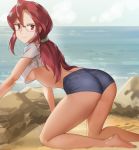  &gt;:) 1girl all_fours alternate_costume arm arm_support ass bare_legs barefoot beach blue_shorts breasts cakefriend closed_mouth crop_top day elite_four feet female glasses highres kanna_(pokemon) kneeling large_breasts leaning leaning_forward legs light_smile long_hair looking_at_viewer looking_back midriff naughty_face nintendo no_bra ocean outdoors pokemon pokemon_(game) pokemon_frlg pokemon_rgby ponytail red_eyes red_hair rock sand sendrawz shirt short_shorts shorts sky smile soles solo t-shirt toes underboob white_shirt 