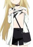  1girl absurdres bag black_bag black_choker black_shorts blonde_hair breasts choker clothes_lift collarbone commentary_request head_out_of_frame highres jacket lifted_by_self long_hair long_sleeves morisobo navel nipples open_clothes open_jacket parted_lips rachel_gardner satsuriku_no_tenshi shirt shirt_lift shorts simple_background small_breasts solo standing striped_clothes striped_shirt thighs white_background white_jacket white_shirt 