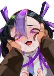  1girl absurdres black_hair blush cheek_squash goddess_of_victory:_nikke hands_on_another&#039;s_cheeks hands_on_another&#039;s_face head_tilt highres long_sleeves looking_at_viewer multicolored_hair open_mouth pov pov_hands purple_eyes purple_hair short_hair simple_background smile squeezing streaked_hair syuen_(nikke) tngkbmarlon wavy_mouth white_background 