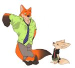  2019 4_toes 5_fingers anthro barefoot biped black_clothing black_shirt black_topwear blue_necktie bottomwear canid canine claws clothing digital_drawing_(artwork) digital_media_(artwork) digitigrade dipstick_tail disney duo eyebrows eyewear feet fennec_fox finger_claws fingers finnick_(zootopia) fox fur gloves_(marking) green_bottomwear green_clothing green_eyes green_shirt green_shorts green_topwear grey_bottomwear grey_clothing grey_pants hi_res humanoid_hands leg_markings male mammal markings mosin necktie nick_wilde pants paws raised_eyebrow red_fox shirt shorts simple_background socks_(marking) standing sunglasses tail tail_markings tan_body tan_fur toe_claws toes topwear true_fox white_background zootopia 