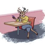  2020 anthro antlers barefoot bottomwear brown_antlers brown_body brown_fur brown_hooves cel_shading cellphone chair clothed clothing container cup deer digital_drawing_(artwork) digital_media_(artwork) drinking_straw dyyrlysh electronics eyebrows feet fingers fully_clothed fur furniture grey_bottomwear grey_clothing grey_pants holding_cellphone holding_object holding_phone holding_smartphone hooved_fingers hooves horn kristoffer_everglade krita_(artwork) male mammal new_world_deer on_chair pants phone restaurant shaded sitting sitting_on_chair smartphone snout solo table unguligrade wayback_burgers white-tailed_deer yellow_sweatshirt 