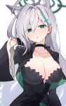  1girl ahoge animal_ear_fluff animal_ears black_choker black_dress blue_archive breasts choker cleavage closed_mouth commentary_request dress enipa_28 green_eyes green_halo grey_hair halo hand_up highres large_breasts long_hair long_sleeves looking_at_viewer mismatched_pupils parted_lips shiroko_(blue_archive) shiroko_terror_(blue_archive) simple_background solo upper_body white_background wide_sleeves wolf_ears 