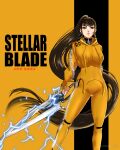  1girl black_hair blunt_bangs bodysuit breasts brown_eyes electricity eve_(stellar_blade) fleurashdesign highres holding holding_weapon kill_bill long_hair looking_at_viewer parody ponytail skin_tight solo sporty_yellow_(stellar_blade) stellar_blade sword thighs very_long_hair weapon 