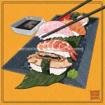  artist_name chopsticks cocomeen fish_(food) food food_focus mamezara nigirizushi no_humans original plate rice soy_sauce sushi wasabi 