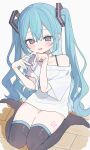  1girl absurdres blue_eyes blue_hair blue_nails blush flat_chest hair_between_eyes hakudaku hatsune_miku heart heart-shaped_pupils heart_hands highres long_hair looking_at_viewer off_shoulder open_mouth shirt single_bare_shoulder sitting smile solo symbol-shaped_pupils thighhighs twintails very_long_hair vocaloid white_shirt 