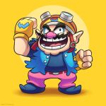  1boy big_nose blue_footwear blue_shirt cleft_chin clenched_hands facial_hair fingerless_gloves gloves goggles goggles_on_headwear grin helmet highres motorcycle_helmet mustache pants pink_pants pointy_ears shirt simple_background smile thick_eyebrows vinny_(dingitydingus) wario warioware yellow_background yellow_gloves 