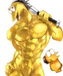 2channel 2channel_ascii_art_character bat_(object) black_hair chibi duo eyes_popping_out gold_skin hair hi_res humanoid male muscular nan-j unknown_artist yakiu_no_oniichan yellow_body yellow_skin