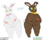  2018 anthro areola belly big_areola big_breasts blue_eyes breasts candy chocolate cosmicscourge cute duo easter english_text female food fupa fur holidays lagomorph mammal nude overweight overweight_female palmer plump_labia pussy rabbit short_stack simple_background slightly_chubby standing text thick_thighs voluptuous wide_hips yellow_sclera 