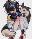  1boy black_hair blue_shirt blue_socks collared_shirt crossed_bangs engw_wgne furret gloves grey_background hair_between_eyes hairband highres jacket kieran_(pokemon) long_sleeves male_focus multicolored_hair open_mouth orange_eyes pokemon pokemon_(creature) pokemon_sv purple_hair red_gloves shirt shoes shorts simple_background single_glove sitting socks solo white_shorts 