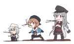  betchan brown_hair commentary facial_scar flat_cap gangut_(kantai_collection) grey_hair hair_ornament hairclip hammer_and_sickle hat hibiki_(kantai_collection) jacket jacket_on_shoulders kantai_collection long_hair military_hat military_jacket multiple_girls pantyhose papakha peaked_cap red_shirt scar scar_on_cheek school_uniform serafuku shirt silver_hair tashkent_(kantai_collection) thighhighs twintails verniy_(kantai_collection) white_jacket 