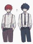  2boys ? blue_eyes blue_hair brown_eyes collared_shirt cropped_legs expressionless hands_in_pockets jitome long_sleeves looking_at_another looking_to_the_side maco22 multiple_boys necktie open_mouth original pants red_hair shirt short_hair sketch suspenders sweat white_background 