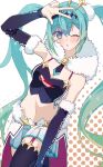  1girl ;o aqua_hair aqua_nails arm_up black_footwear black_hairband black_sleeves blue_eyes boots breasts crop_top detached_sleeves floating_hair fur-trimmed_sleeves fur_trim garter_straps gradient_hair green_hair hairband hatsune_miku highres long_hair long_sleeves looking_at_viewer midriff miniskirt multicolored_hair nail_polish navel necktie one_eye_closed pleated_skirt racing_miku racing_miku_(2018) rashu_kaito short_necktie skirt small_breasts solo standing standing_on_one_leg stomach thigh_boots twintails very_long_hair vocaloid w white_background white_skirt zettai_ryouiki 