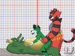 andromorph anthro bandanna bandanna_on_forehead blush blush_lines butt canid canine canis donkey_kong_(series) ear_piercing enjoying fire_belt flirting_look fur generation_7_pokemon genitals grabbing_from_behind green_body green_fur group hi_res incineroar intersex jewelry kerchief king_k._rool kremling lying male male/male mammal necklace nintendo nipple_fetish nipple_play nipples nude penetration penile penile_penetration penis_in_pussy piercing pokemon pokemon_(species) pussy scalie smile super_smash_bros. teeth tongue tongue_out training training_room trio vaginal vaginal_penetration wolf yose_stones yose_stones_(character)