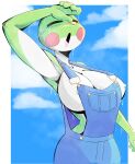  amphibian anthro big_breasts breasts cleavage clothed clothing cloud eyes_closed female frog green_body green_skin grefina_(noirchaton4) hi_res huge_breasts noirchaton4 overalls red_cheeks sky small_waist solo tree_frog wiping_forehead wiping_sweat 