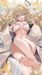 1girl absurdres barefoot blonde_hair blue_eyes breasts breasts_apart brushing_hair clenched_hand crown_(naked_king)_(nikke) crown_(nikke) disembodied_limb drill_hair feet foot_focus foot_out_of_frame goddess_of_victory:_nikke hair_brush hand_on_own_chest highres large_breasts leg_up legs light_blush long_hair lower_teeth_only lying mendou_kusai naked_robe navel nude on_back open_clothes open_mouth robe soles teeth toenails toes towel very_long_hair white_robe 