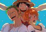  1girl 2boys bare_shoulders black_hair blue_background blush breasts cleavage collarbone commentary_request earrings gold_earrings green_hair hat jewelry looking_at_another looking_at_viewer mckrs medium_breasts monkey_d._luffy multiple_boys nami_(one_piece) one_piece open_mouth orange_eyes orange_hair outstretched_arms red_vest roronoa_zoro scar scar_on_cheek scar_on_face shirt short_hair simple_background straw_hat straw_hat_pirates teeth twitter_username upper_body v-neck vest white_shirt 