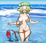  ambiguous_gender areola assisted_exposure bianca_(pokemon) big_breasts black_eyes blonde_hair blue_body breasts brown_tentacles clothing duo eyewear female feral front_view generation_1_pokemon genitals glasses green_clothing green_eyes green_hat green_headwear hair hat headgear headwear human mammal markings navel nintendo nipples open_mouth orange_clothing orange_swimwear partially_submerged pink_areola pink_nipples piscirabble pokemon pokemon_(species) pussy red_markings rubbing_pussy sea standing_in_water swimwear tan_body tan_skin tentacles tentacool thick_thighs torn_swimwear water wide_hips 